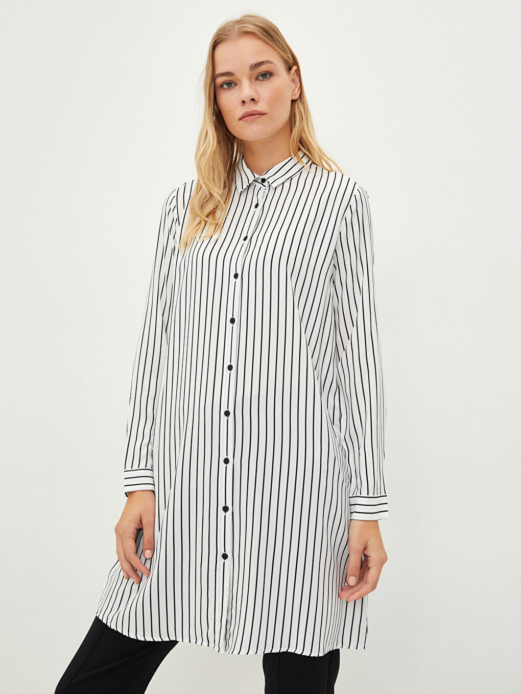 قميص تونيك مخطط كم طويل فيسكوز للسيدات