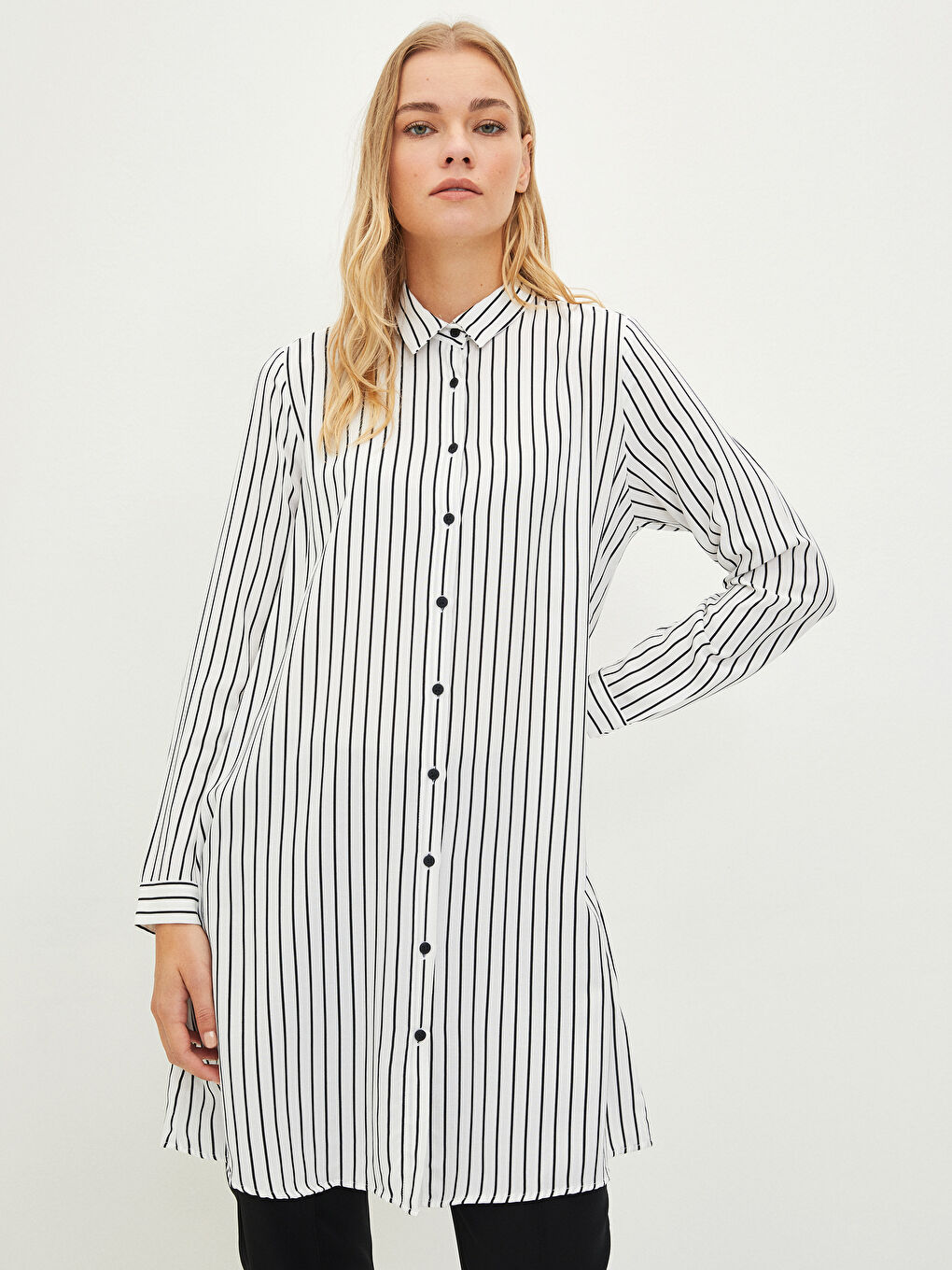 قميص تونيك مخطط كم طويل فيسكوز للسيدات-1