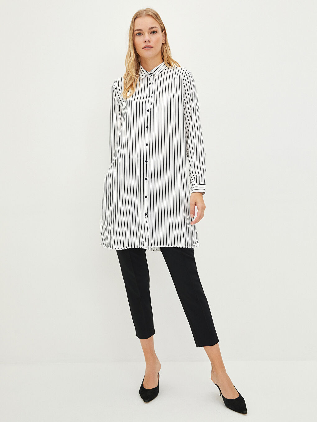 قميص تونيك مخطط كم طويل فيسكوز للسيدات-3