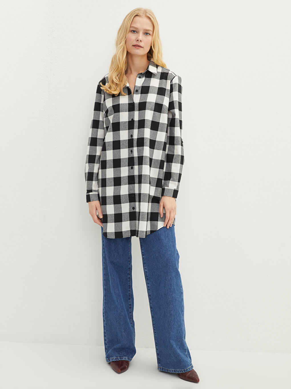 Siyah Ekose Uzun Kollu Gabardin Kadın Gömlek Tunik-1