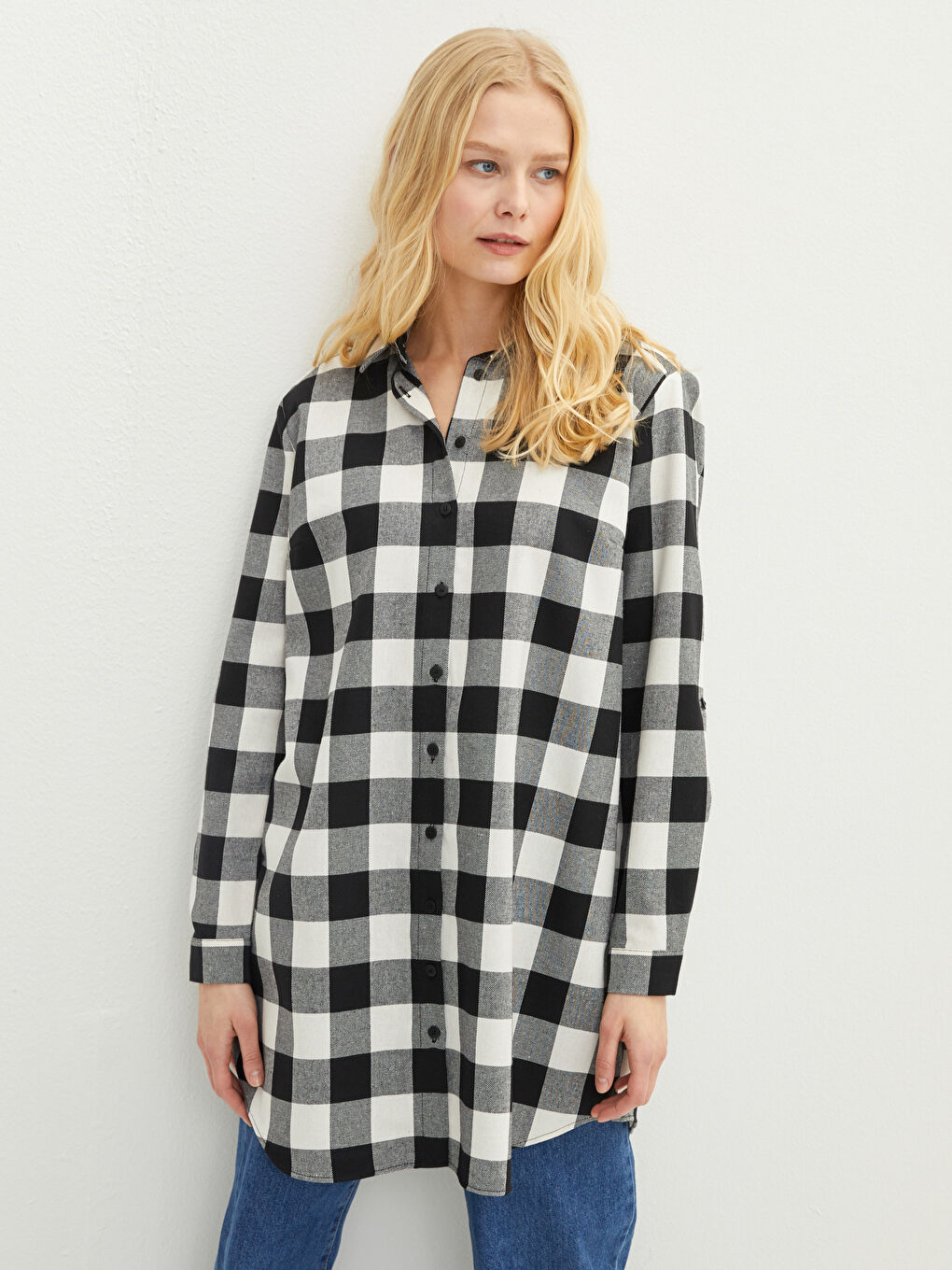 Siyah Ekose Uzun Kollu Gabardin Kadın Gömlek Tunik-2