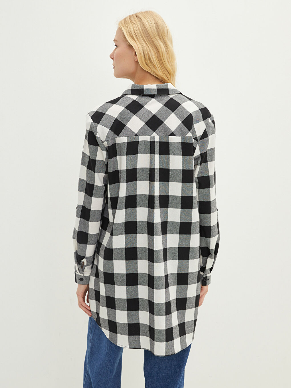 Siyah Ekose Uzun Kollu Gabardin Kadın Gömlek Tunik-4