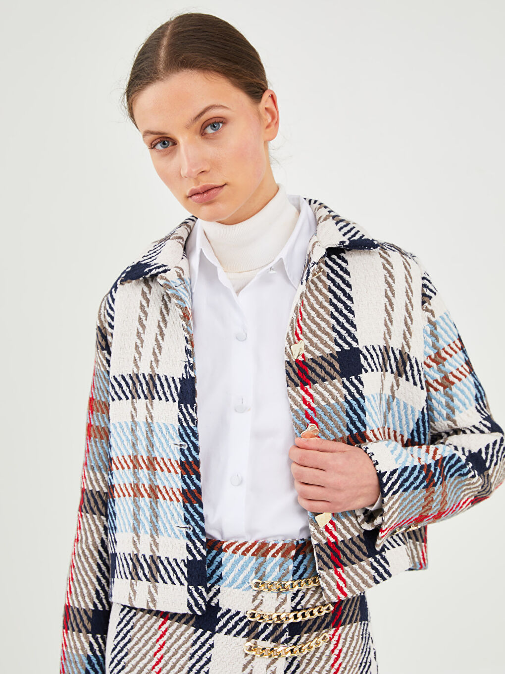 LCW Vision GAMZE SARAÇOĞLU X LCW VISION WOMEN'S JACKET - SHIRT COLLAR LONG SLEEVE PLAID CROP -W1JU47Z8-LLX