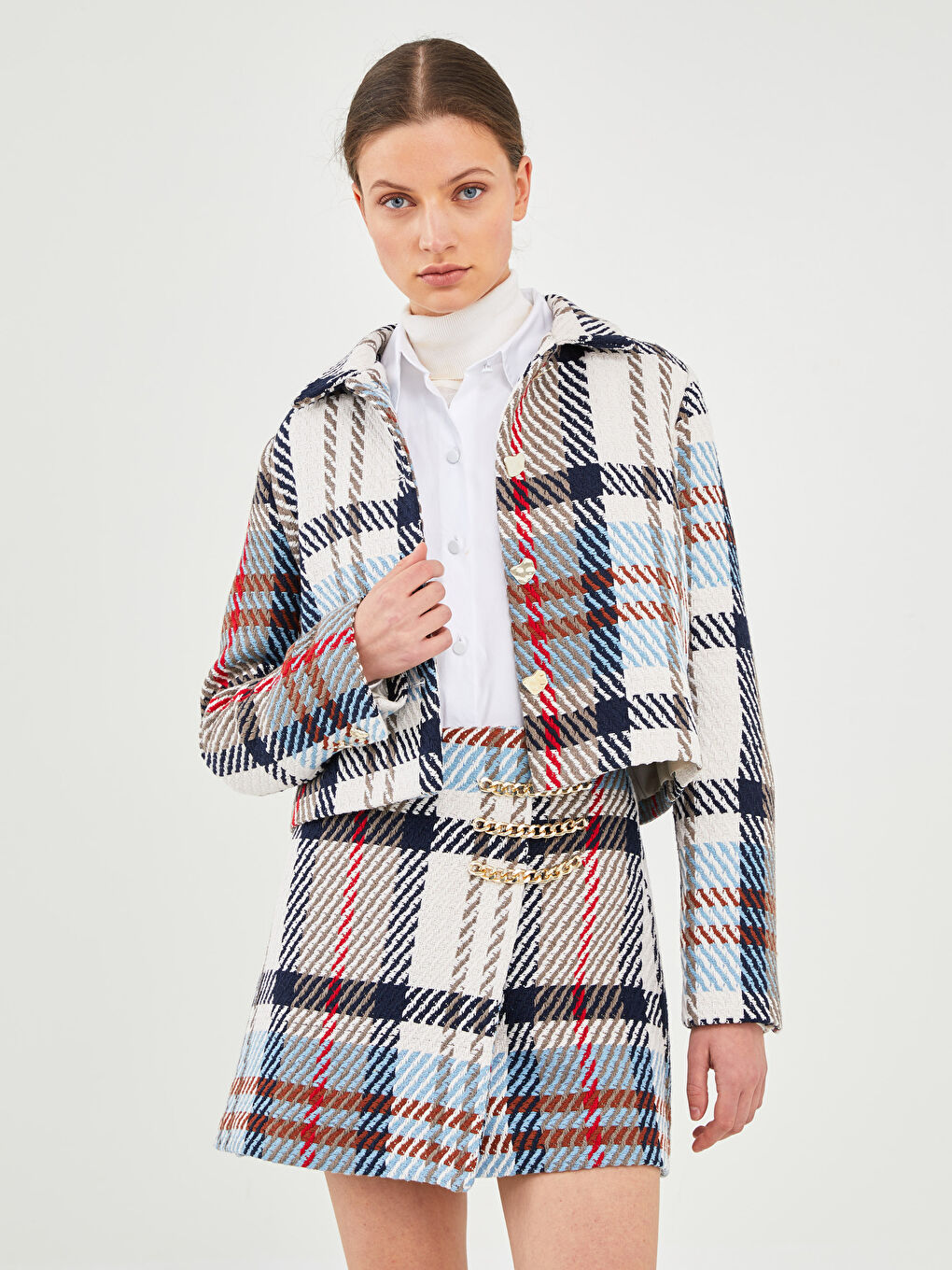 LCW Vision GAMZE SARAÇOĞLU X LCW VISION WOMEN'S JACKET - SHIRT COLLAR LONG SLEEVE PLAID CROP -W1JU47Z8-LLX