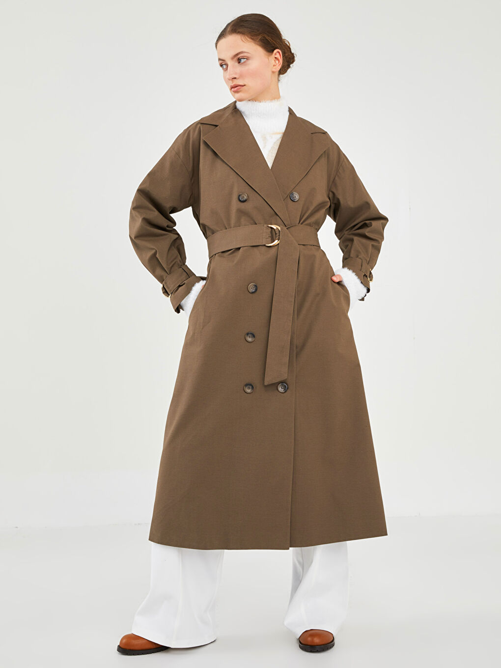 GAMZE SARAÇOĞLU X LCW VISION WOMEN'S TRENCH COAT - JACKET COLLAR FLAT LONG SLEEVE METAL BUCKLE DETAILED -W1JU49Z8-SCR