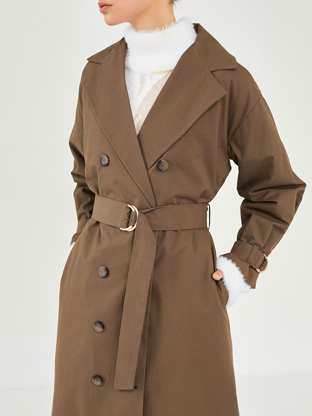 GAMZE SARAÇOĞLU X LCW VISION WOMEN'S TRENCH COAT - JACKET COLLAR FLAT LONG SLEEVE METAL BUCKLE DETAILED -W1JU49Z8-SCR