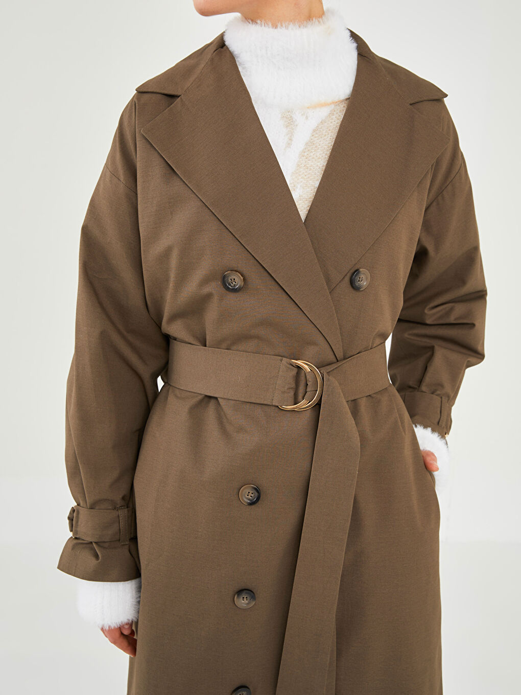 GAMZE SARAÇOĞLU X LCW VISION WOMEN'S TRENCH COAT - JACKET COLLAR FLAT LONG SLEEVE METAL BUCKLE DETAILED -W1JU49Z8-SCR