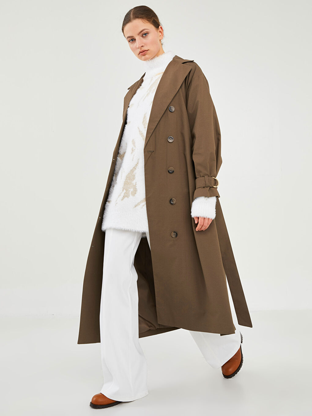 GAMZE SARAÇOĞLU X LCW VISION WOMEN'S TRENCH COAT - JACKET COLLAR FLAT LONG SLEEVE METAL BUCKLE DETAILED -W1JU49Z8-SCR