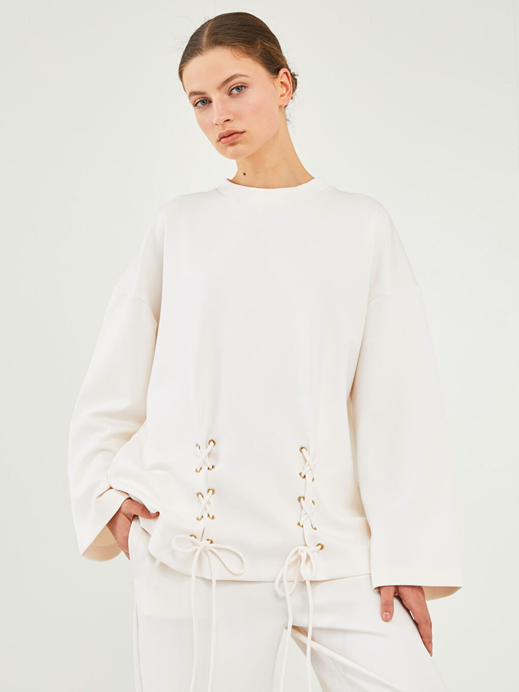 GAMZE SARAÇOĞLU X LCW VISION WOMEN'S SWEATSHIRT - BICYCLE COLLAR BIRD EYE DETAILED LONG SLEEVE-1