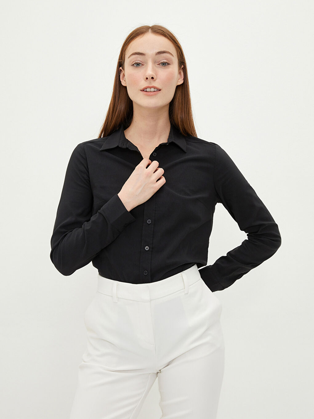 Siyah Önden Düğme Kapamalı Düz Uzun Kollu Poplin Kadın Gömlek