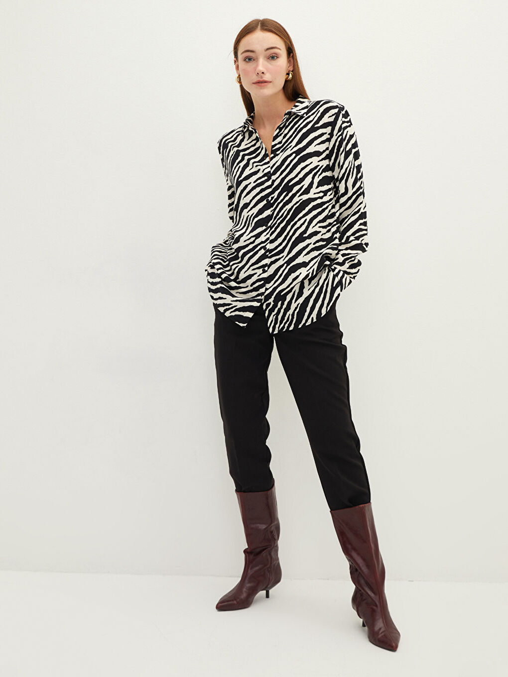 Рубашка женская с застежкой на пуговицы спереди, с длинным рукавом, с узором зебра, из вискозы