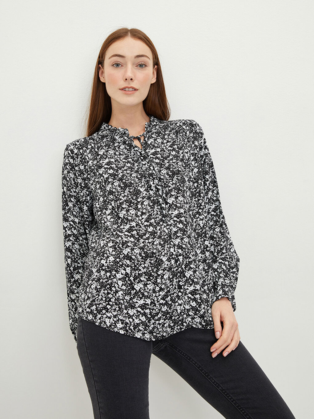 Frilly Collar Patterned Long Sleeve Viscose Women's Shirt -W1JU59Z8-LQJ