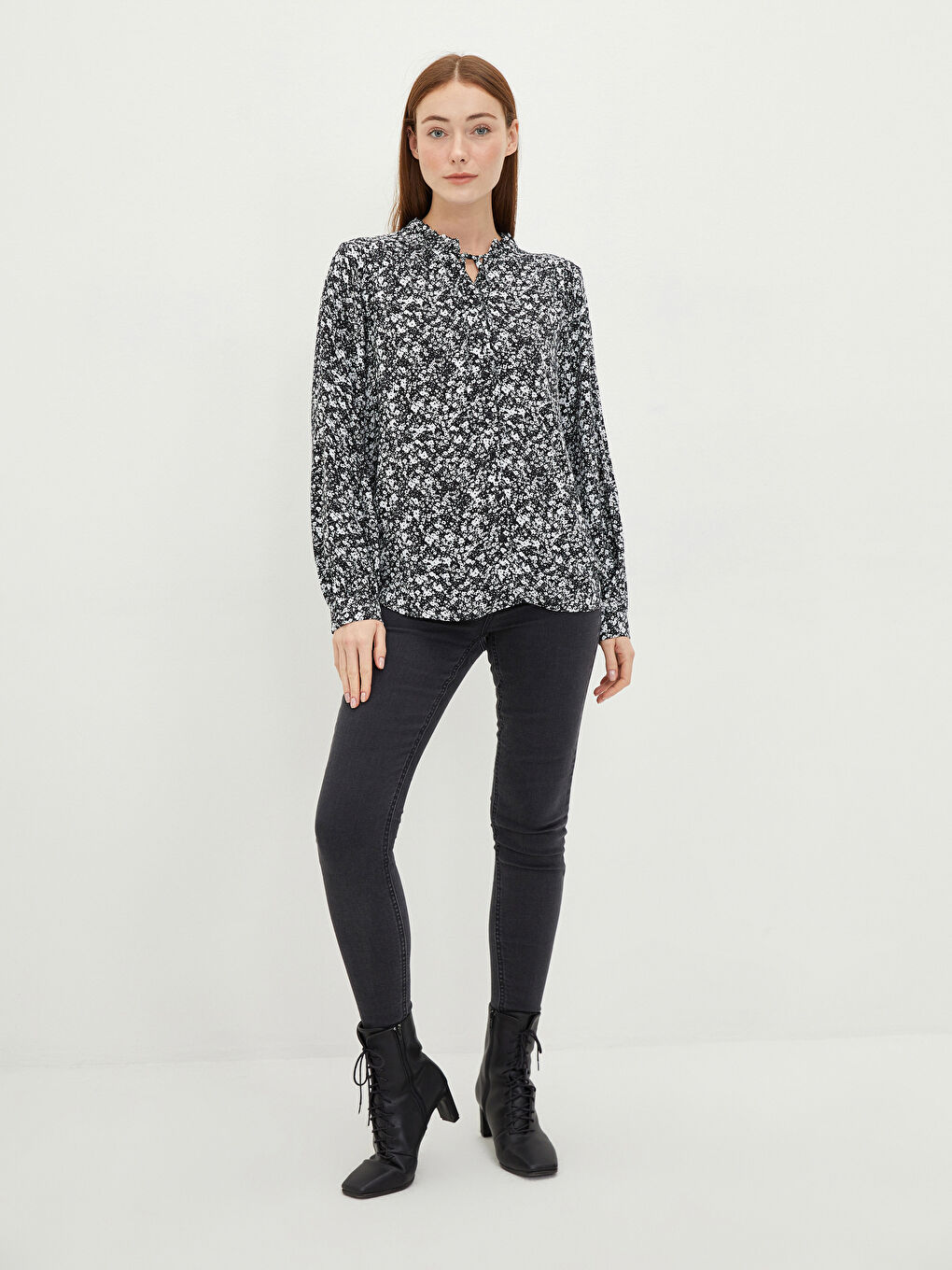 Frilly Collar Patterned Long Sleeve Viscose Women's Shirt -W1JU59Z8-LQJ