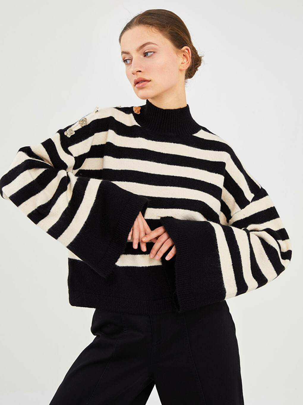 Half Turtleneck Striped Long Sleeve Women's Knitwear Sweater-4