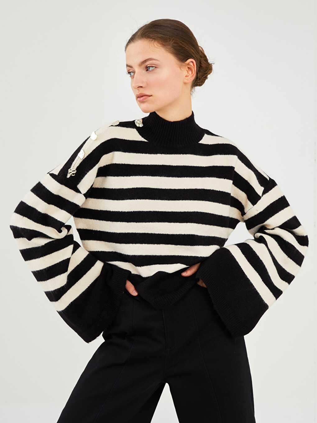 Half Turtleneck Striped Long Sleeve Women's Knitwear Sweater-2