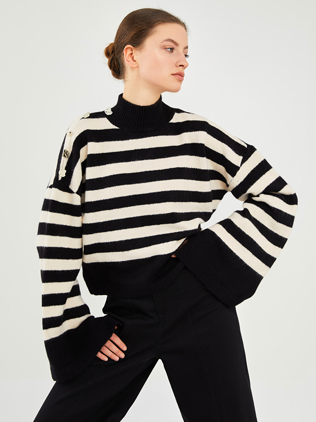 Half Turtleneck Striped Long Sleeve Women's Knitwear Sweater-3