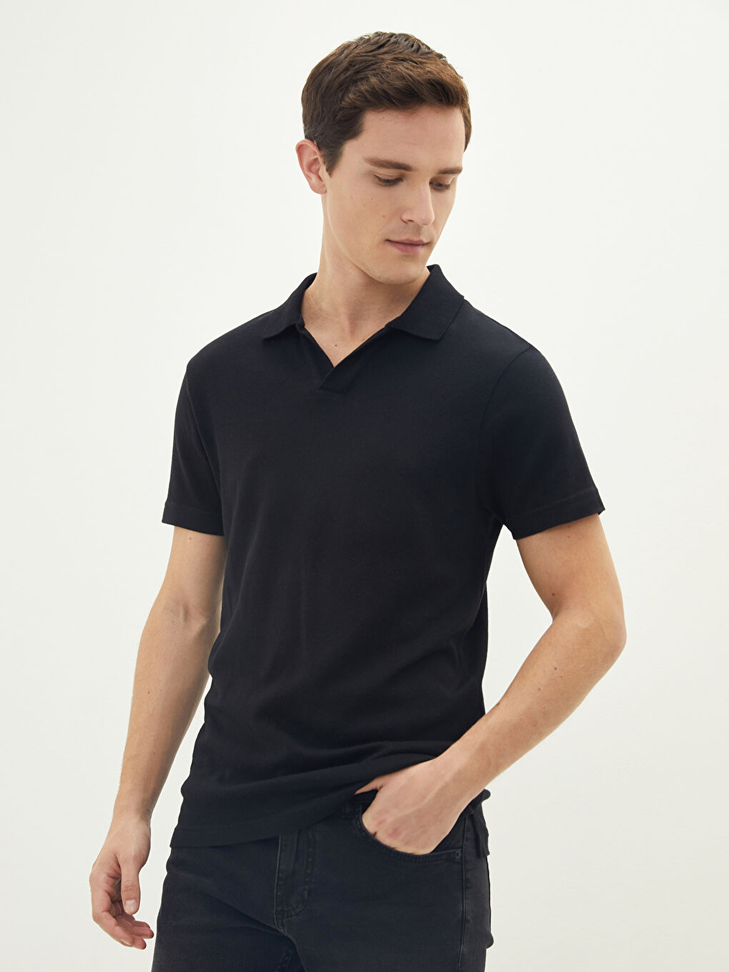 Siyah Polo Yaka Kısa Kollu Erkek Triko Kazak-1