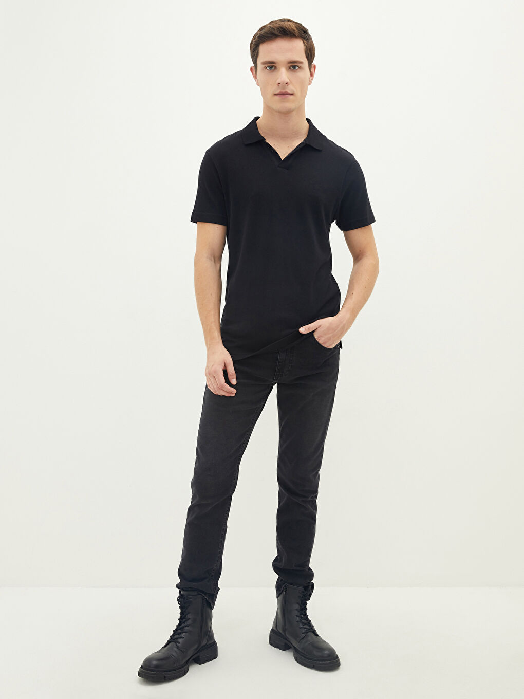 Siyah Polo Yaka Kısa Kollu Erkek Triko Kazak-2