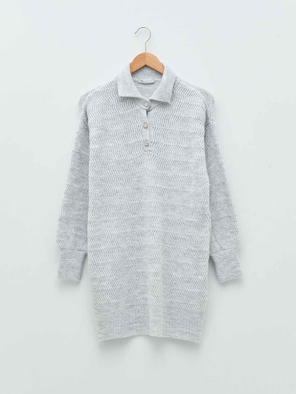 Gri Gömlek Yaka Kendinden Desenli Uzun Kollu Kadın Triko Tunik-5