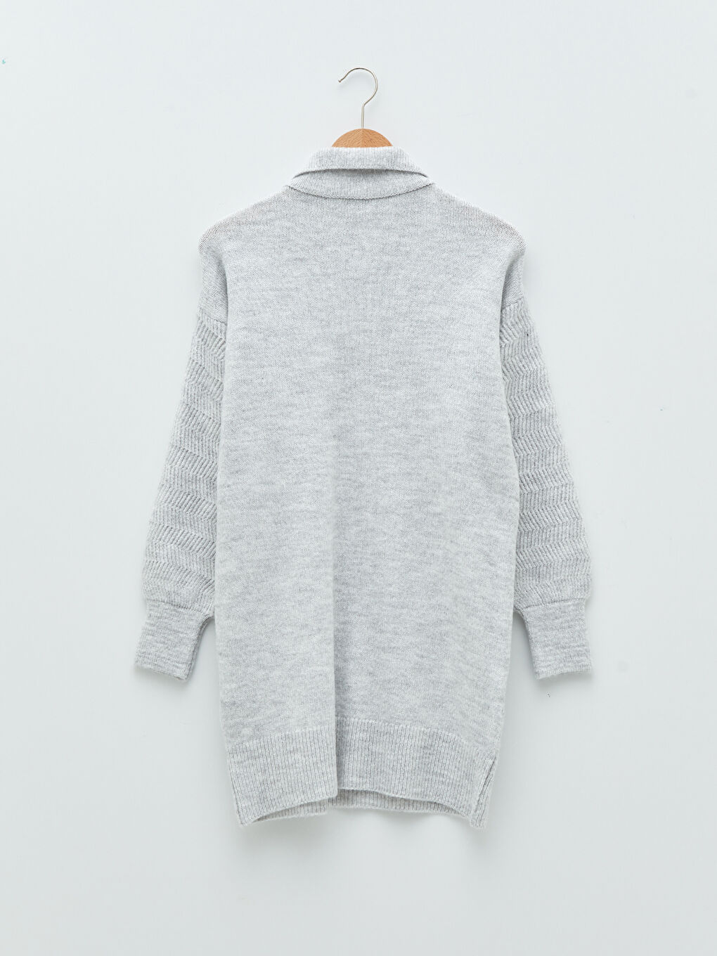 Gri Gömlek Yaka Kendinden Desenli Uzun Kollu Kadın Triko Tunik-6