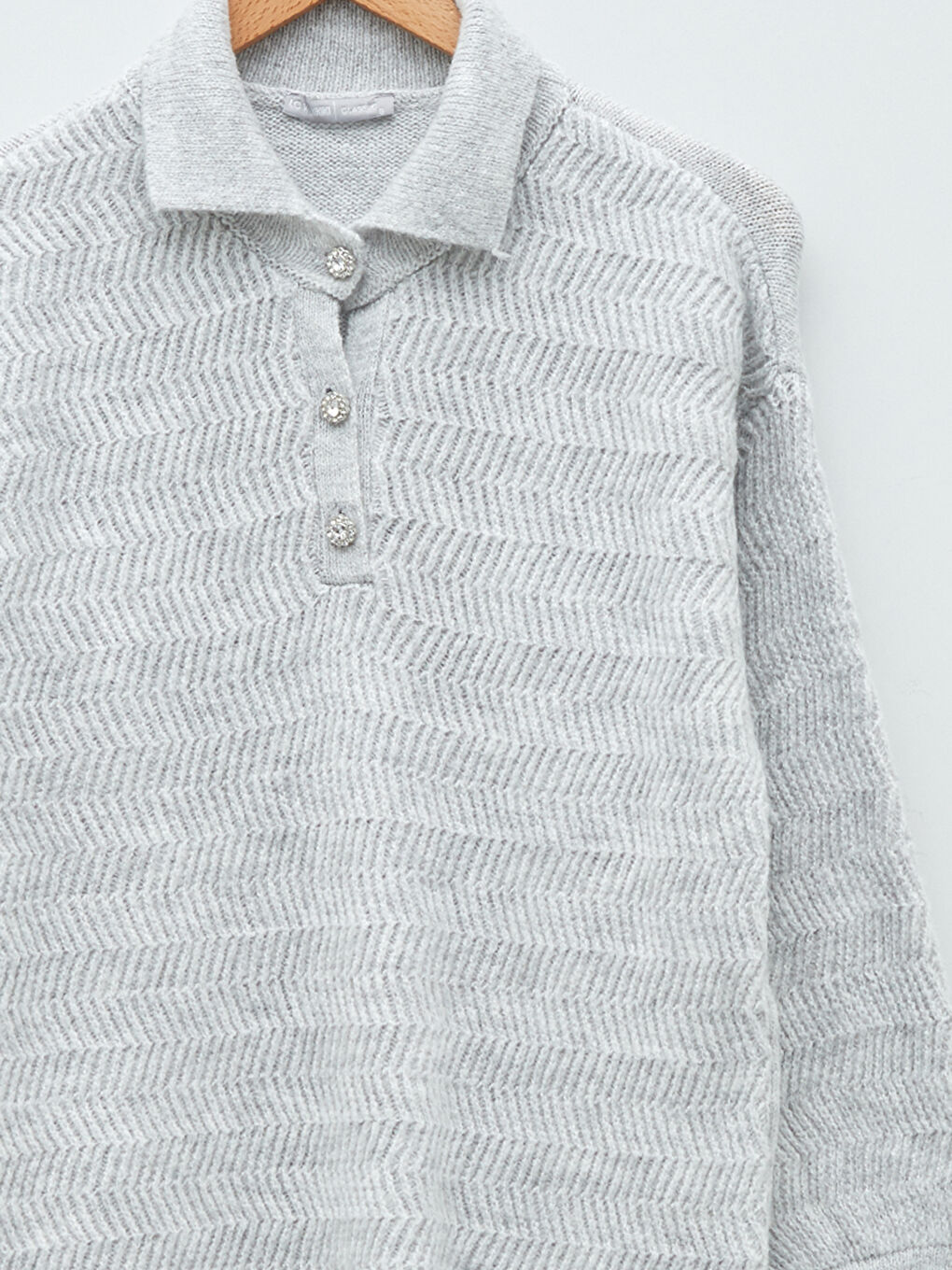 Gri Gömlek Yaka Kendinden Desenli Uzun Kollu Kadın Triko Tunik-7