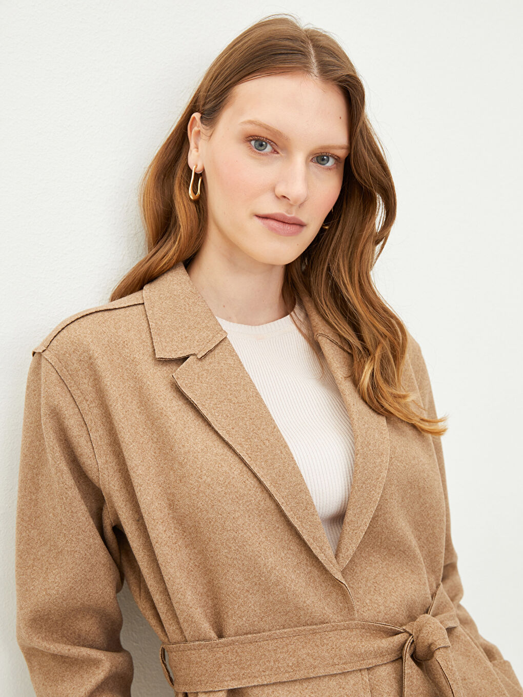 Jacket Collar Straight Waist Belted Pocket Detailed Long Sleeve Slim Women's Cachet Coat-2