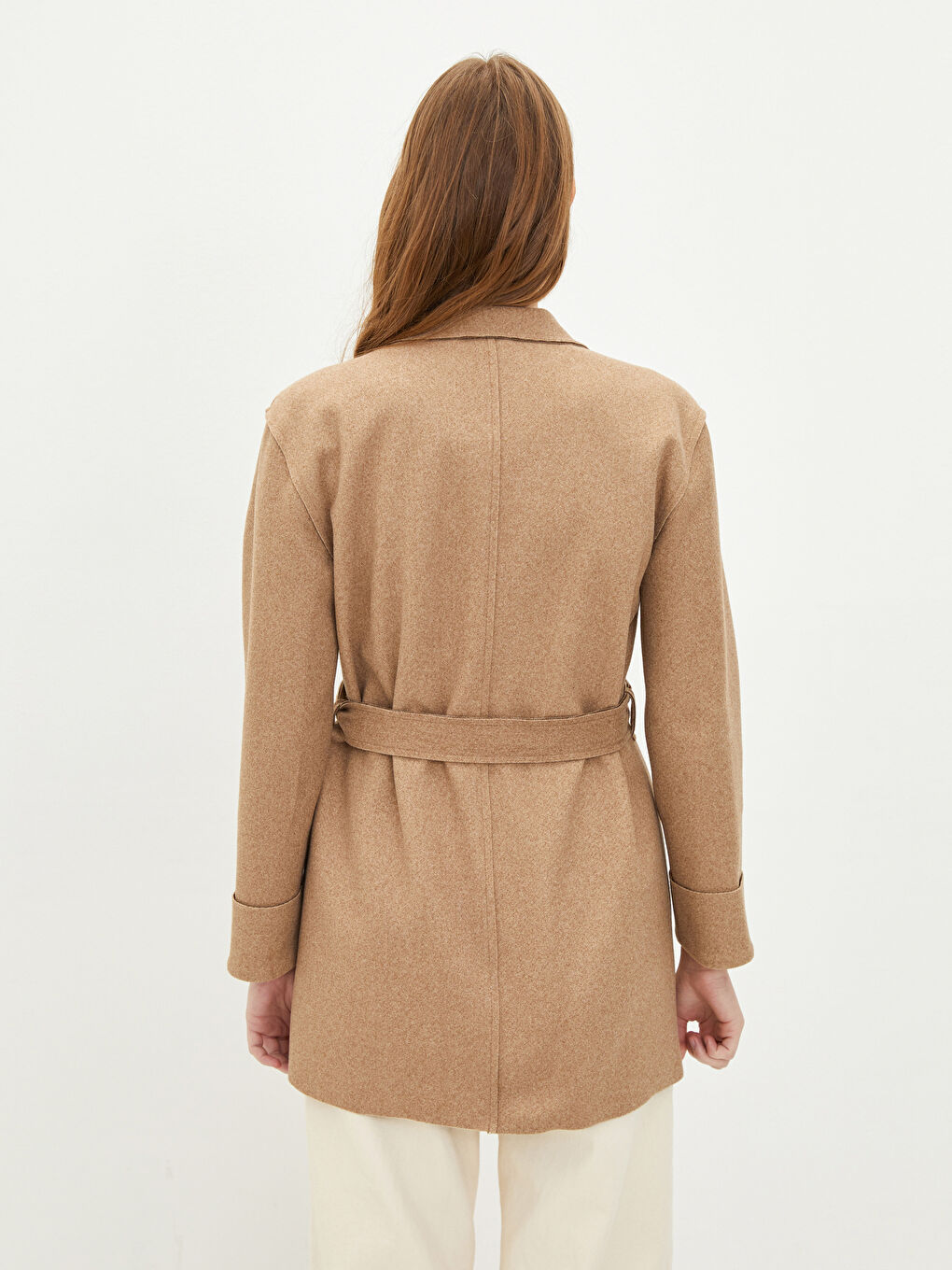 Jacket Collar Straight Waist Belted Pocket Detailed Long Sleeve Slim Women's Cachet Coat-4