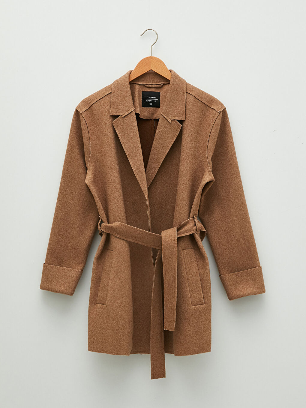 Jacket Collar Straight Waist Belted Pocket Detailed Long Sleeve Slim Women's Cachet Coat-5