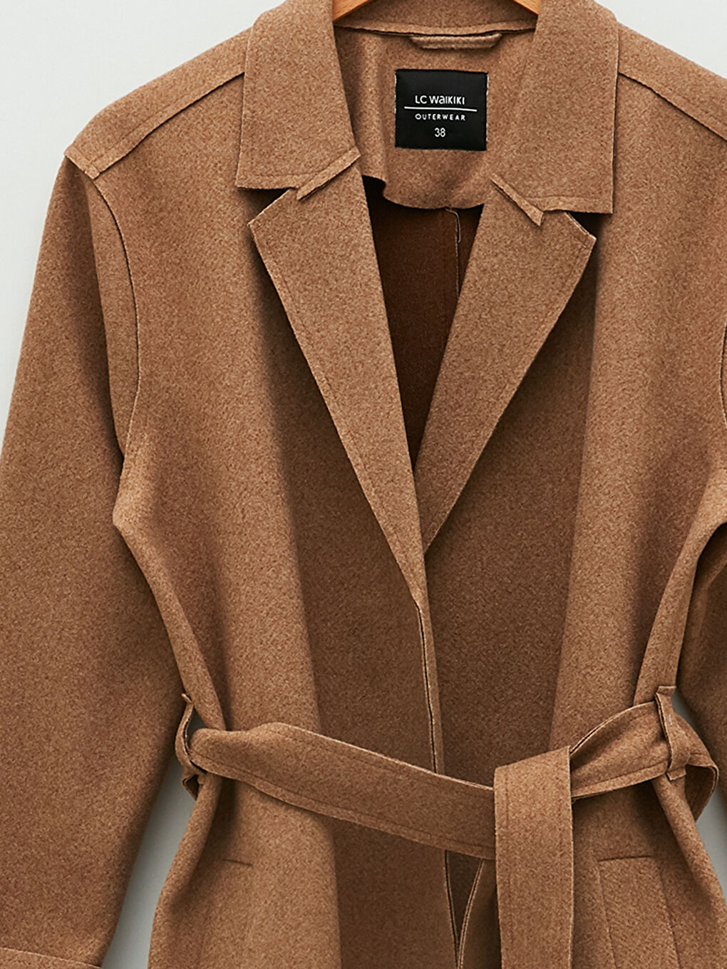 Jacket Collar Straight Waist Belted Pocket Detailed Long Sleeve Slim Women's Cachet Coat-7