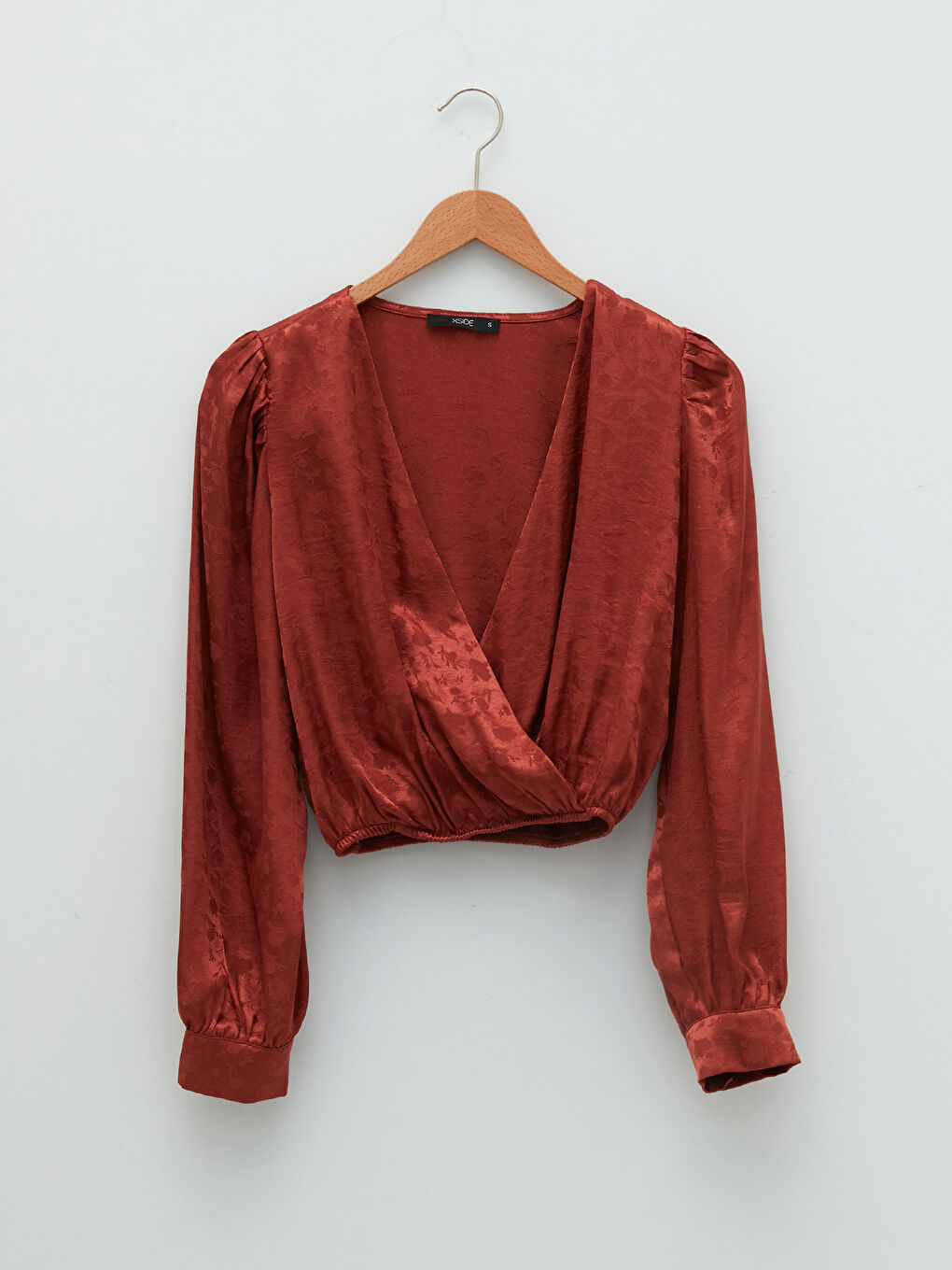 Kahverengi Kruvaze Yaka Kendinden Desenli Uzun Kollu Kadın Bluz-6