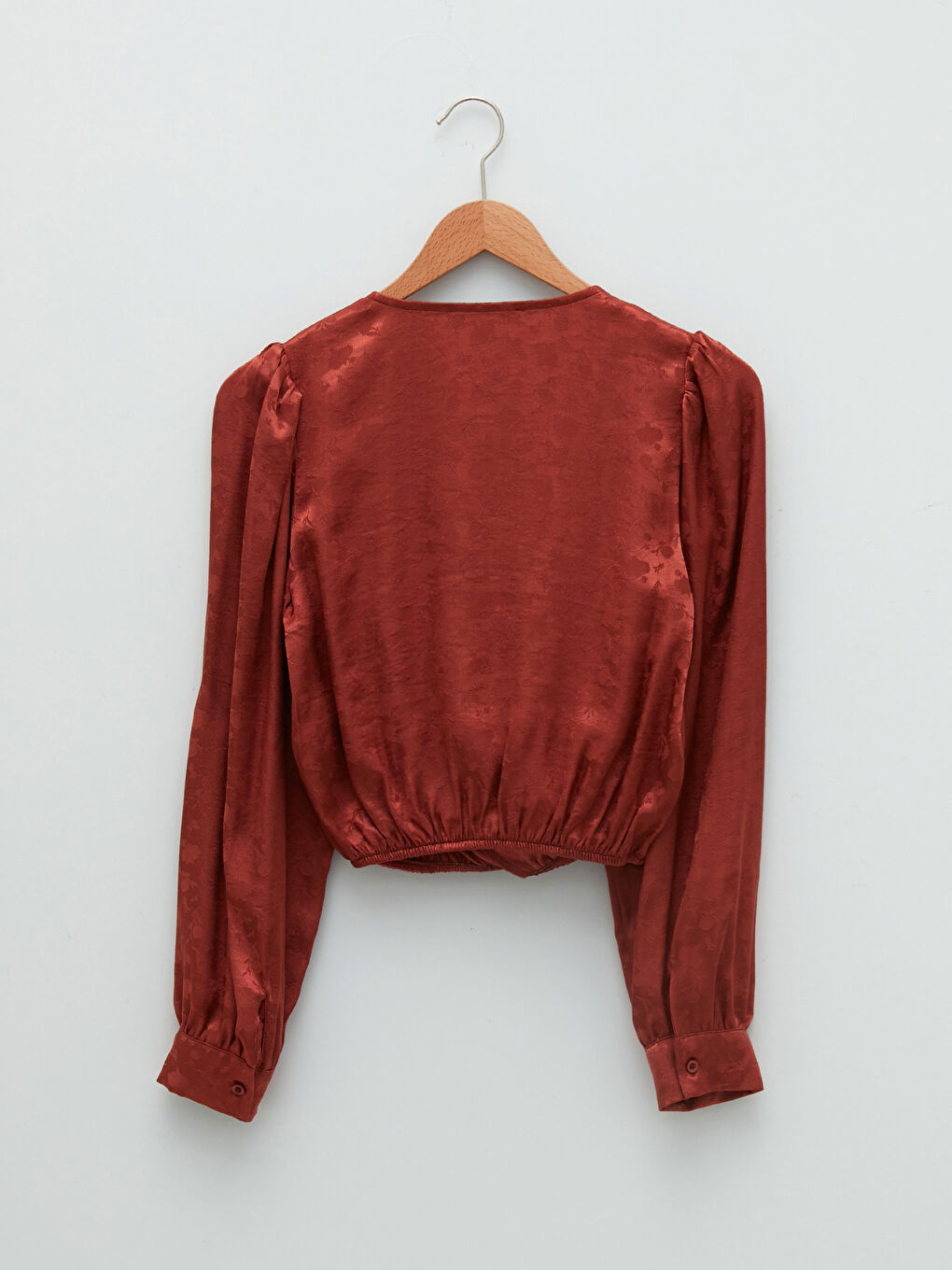 Kahverengi Kruvaze Yaka Kendinden Desenli Uzun Kollu Kadın Bluz-7