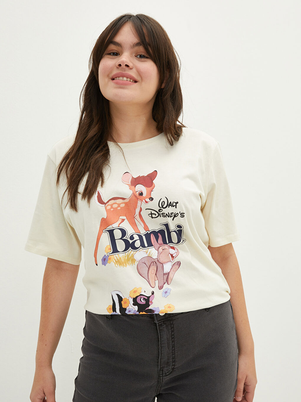 Large Size Crew Neck Bambi Printed Short Sleeve Cotton Women's T-Shirt-1