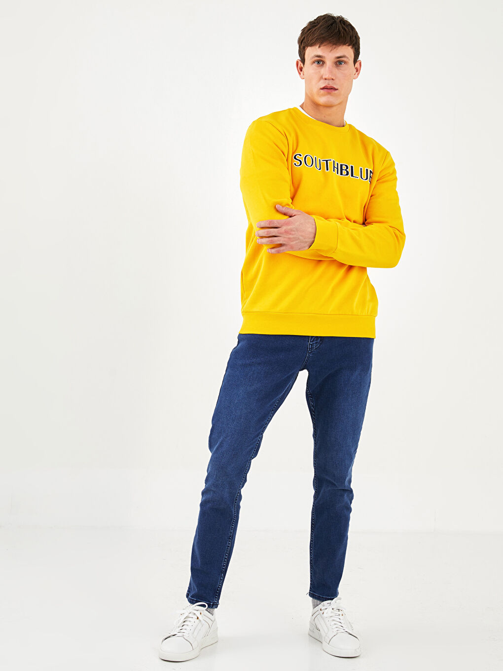 Sarı Bisiklet Yaka Uzun Kollu Baskılı Erkek Sweatshirt