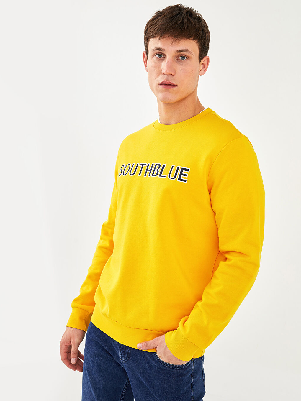 Sarı Bisiklet Yaka Uzun Kollu Baskılı Erkek Sweatshirt-1