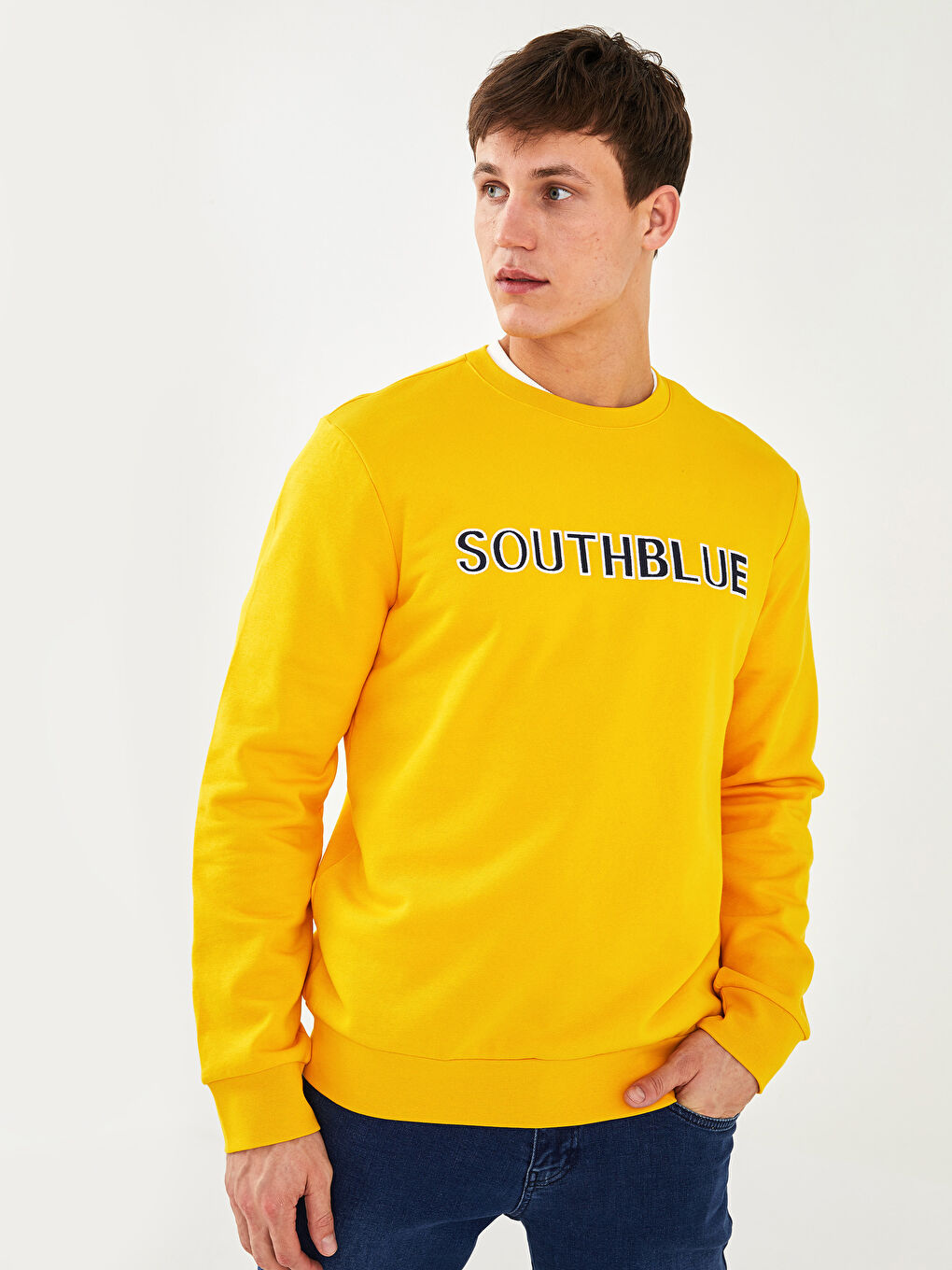 Sarı Bisiklet Yaka Uzun Kollu Baskılı Erkek Sweatshirt-2