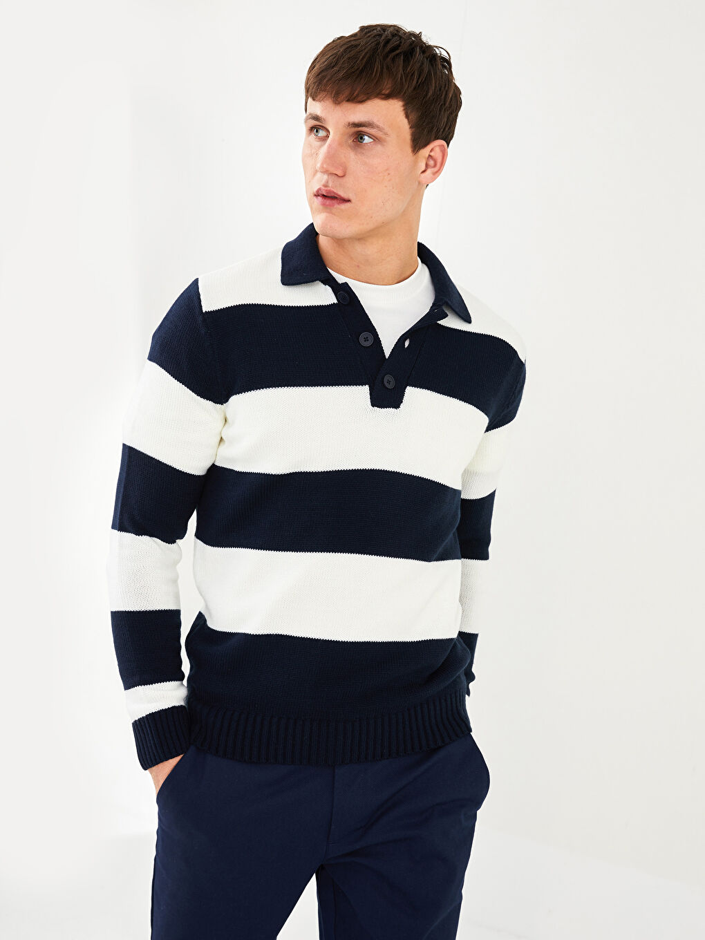 SOUTHBLUE Polo Neck Long Sleeve Striped Men's Knitwear Sweater -W1JV49Z8-LGS