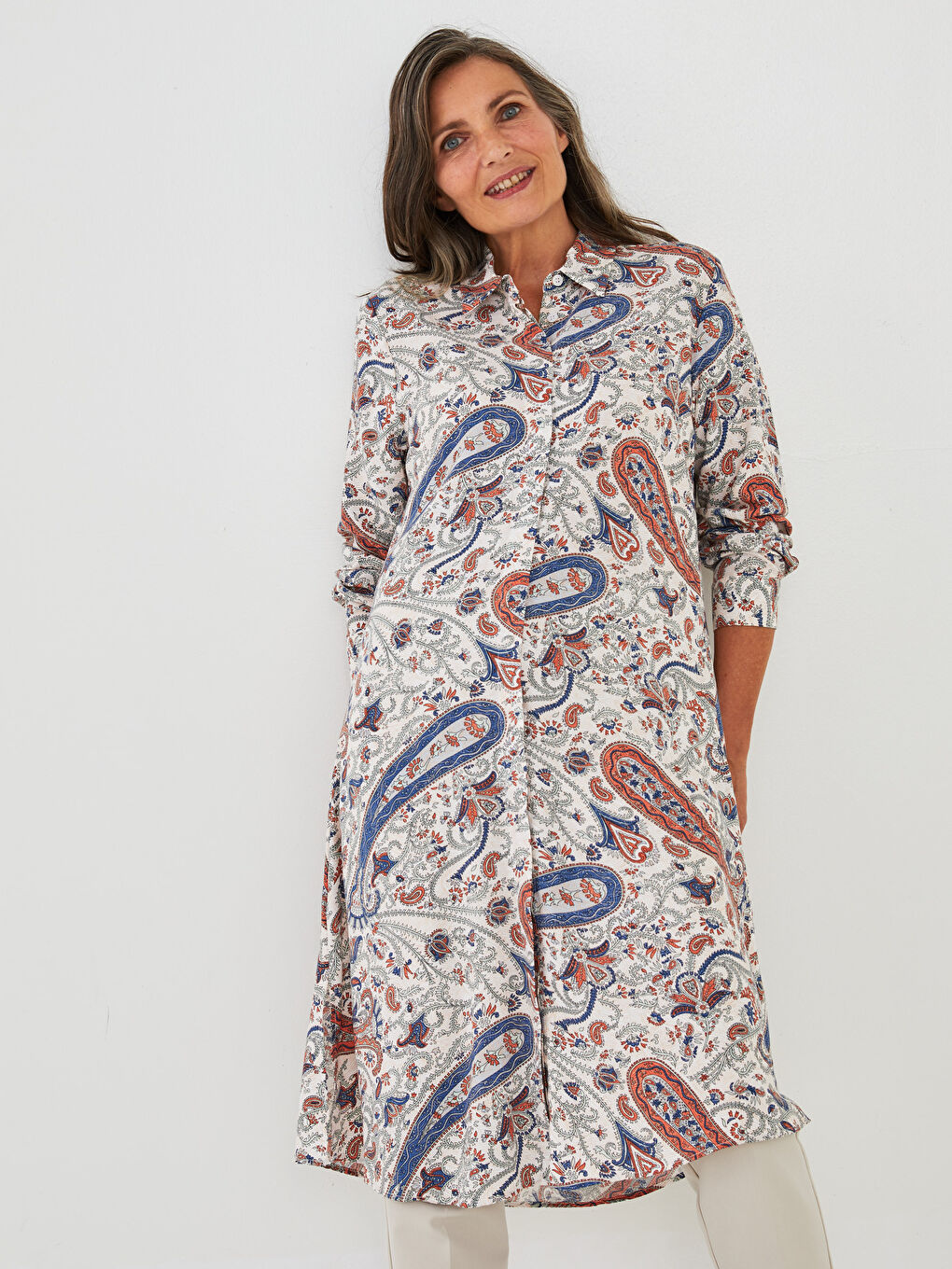 Ekru Desenli Uzun Kollu Viskon Kadın Gömlek Tunik