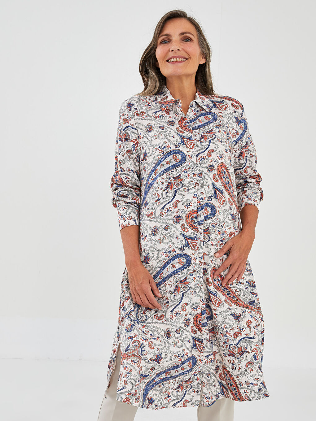 Ekru Desenli Uzun Kollu Viskon Kadın Gömlek Tunik-1