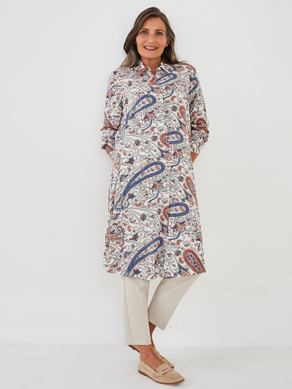Ekru Desenli Uzun Kollu Viskon Kadın Gömlek Tunik-2