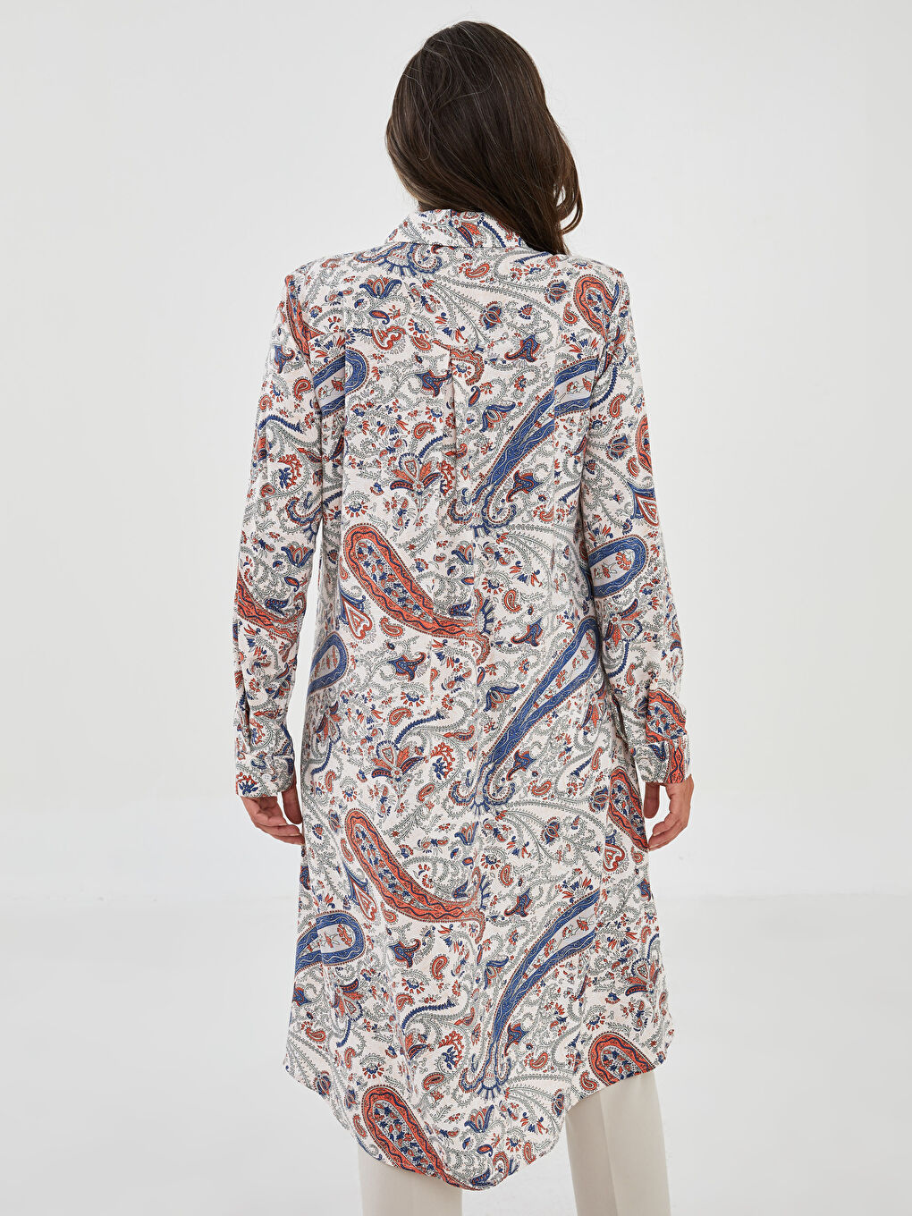Ekru Desenli Uzun Kollu Viskon Kadın Gömlek Tunik-4