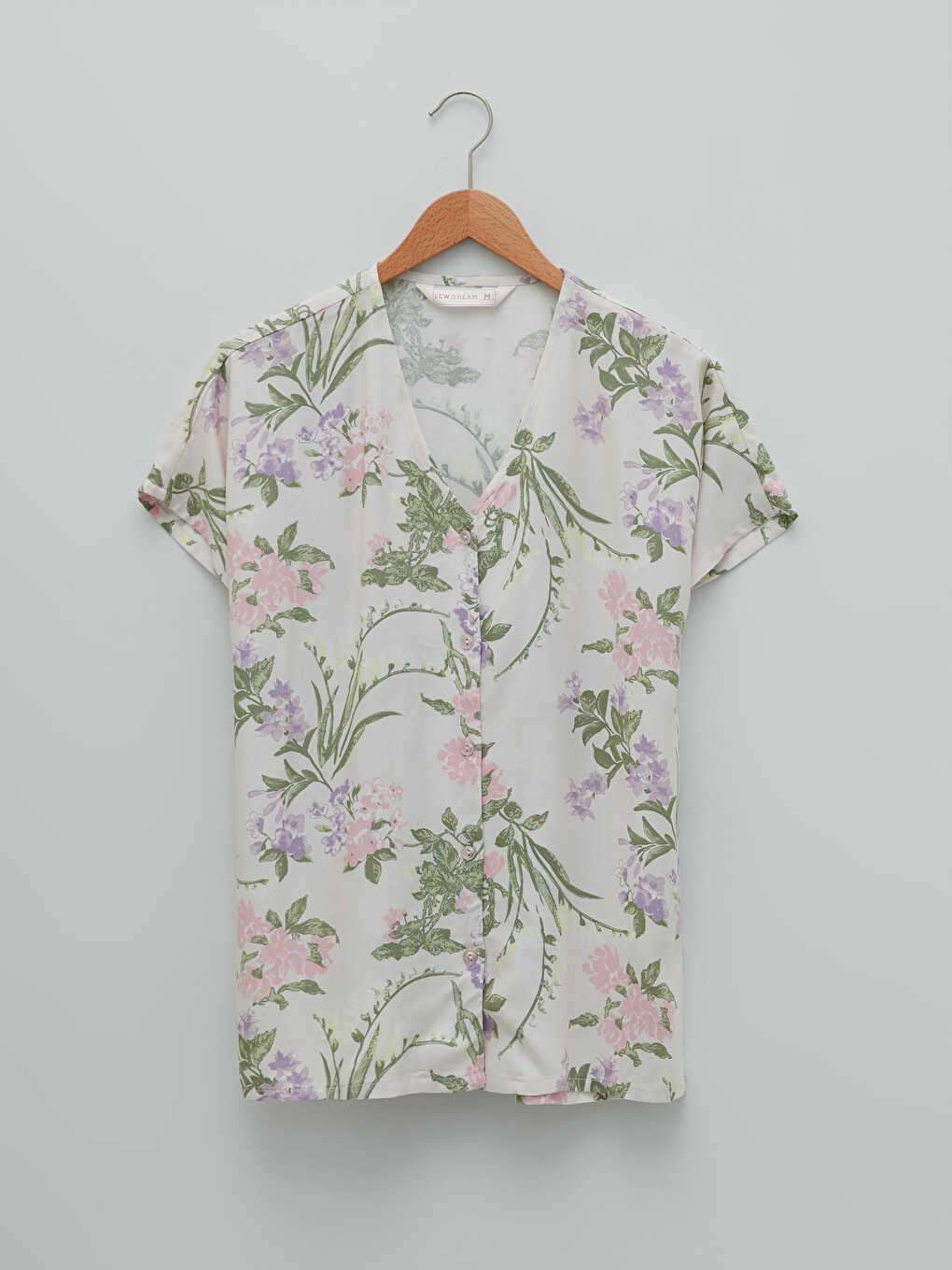 Pembe V Yaka Çiçekli Kısa Kollu Viskon Kadın Pijama Takımı-6