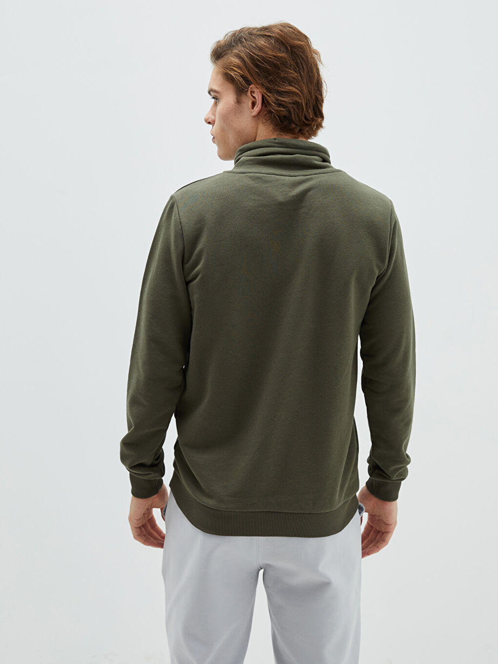 Haki Dik Yaka Uzun Kollu Baskılı Erkek Sweatshirt-3