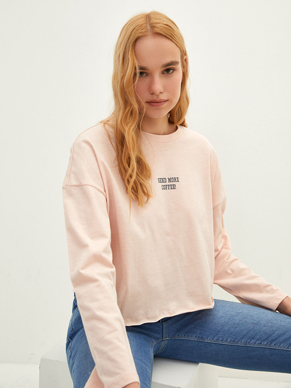 Crew Neck Printed Long Sleeve Cotton Women's T-shirt
