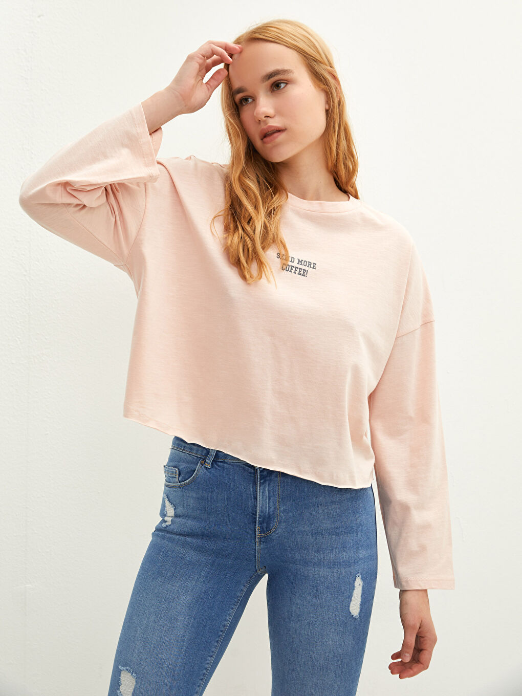 Crew Neck Printed Long Sleeve Cotton Women's T-shirt-1