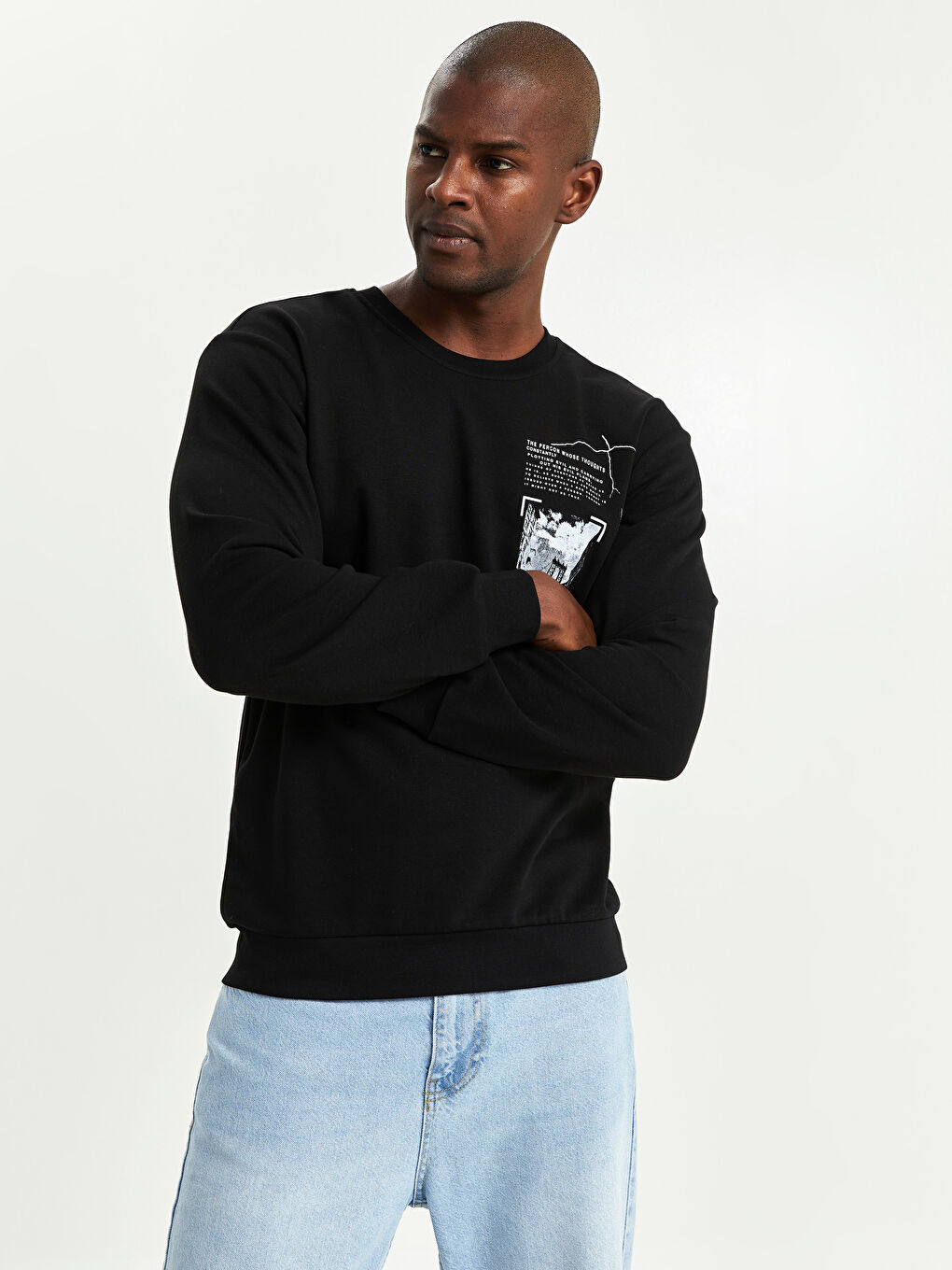 Siyah Bisiklet Yaka Uzun Kollu Baskılı Erkek Sweatshirt