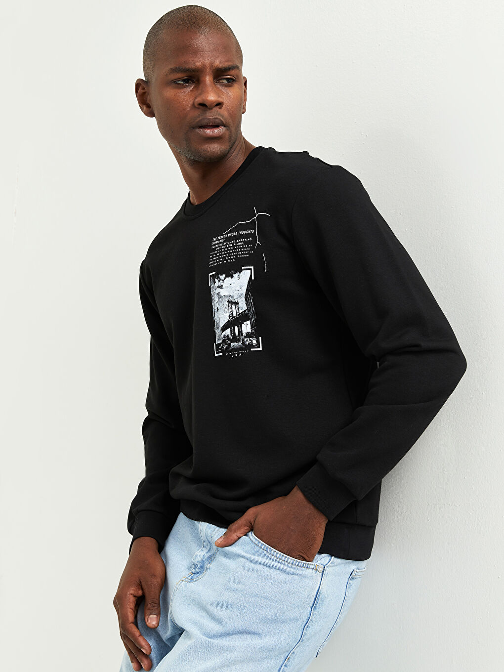 Siyah Bisiklet Yaka Uzun Kollu Baskılı Erkek Sweatshirt-2