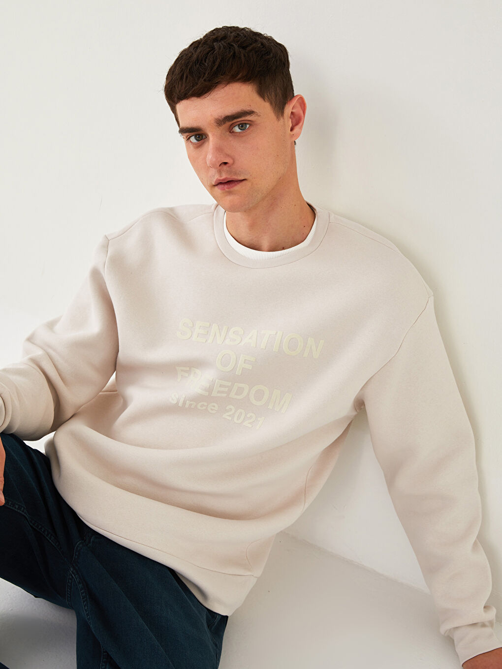 Crew Neck Printed Men's Thick Sweatshirt