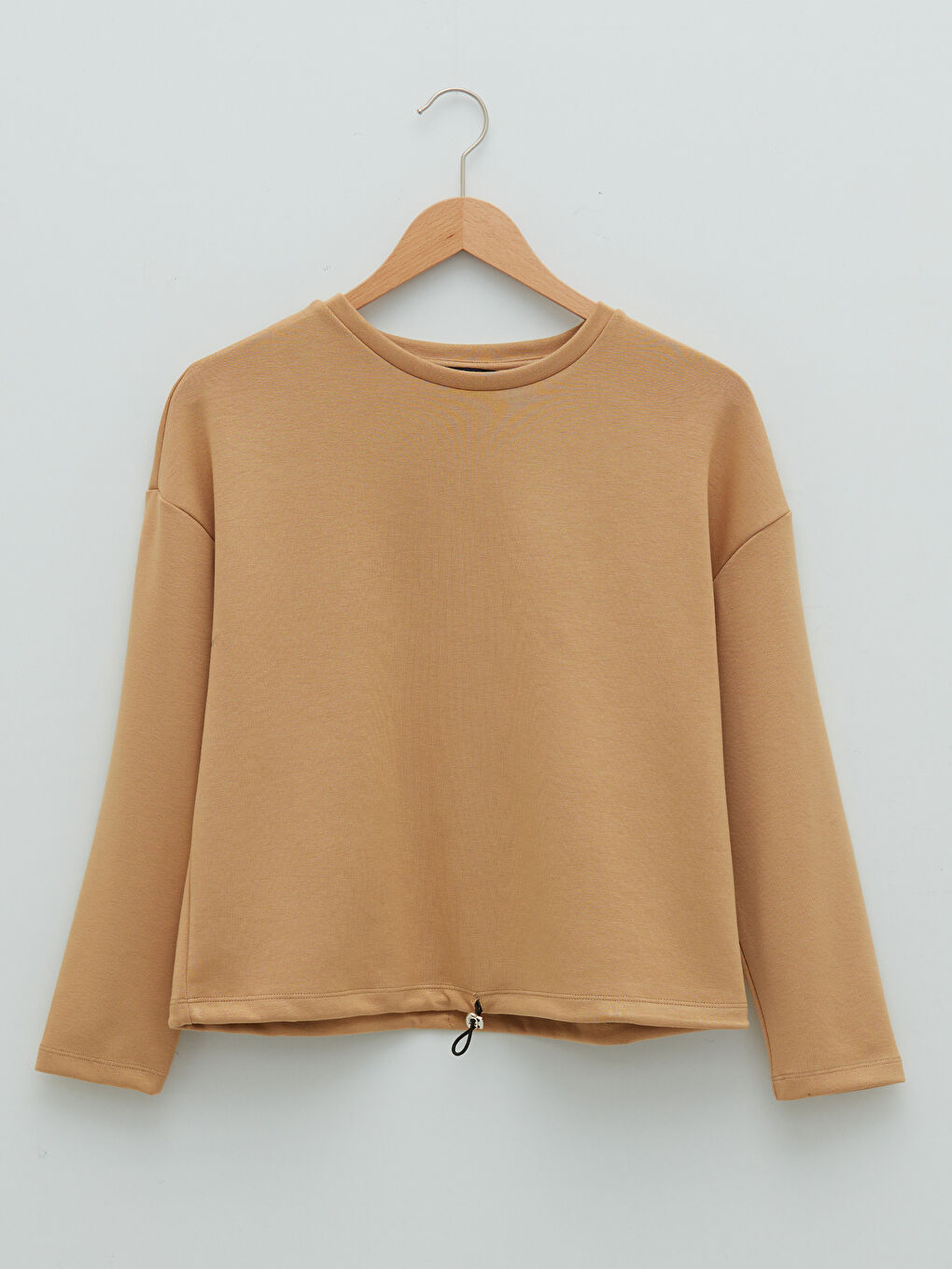 Bej Bisiklet Yaka Düz Uzun Kollu Kadın Tişört-5