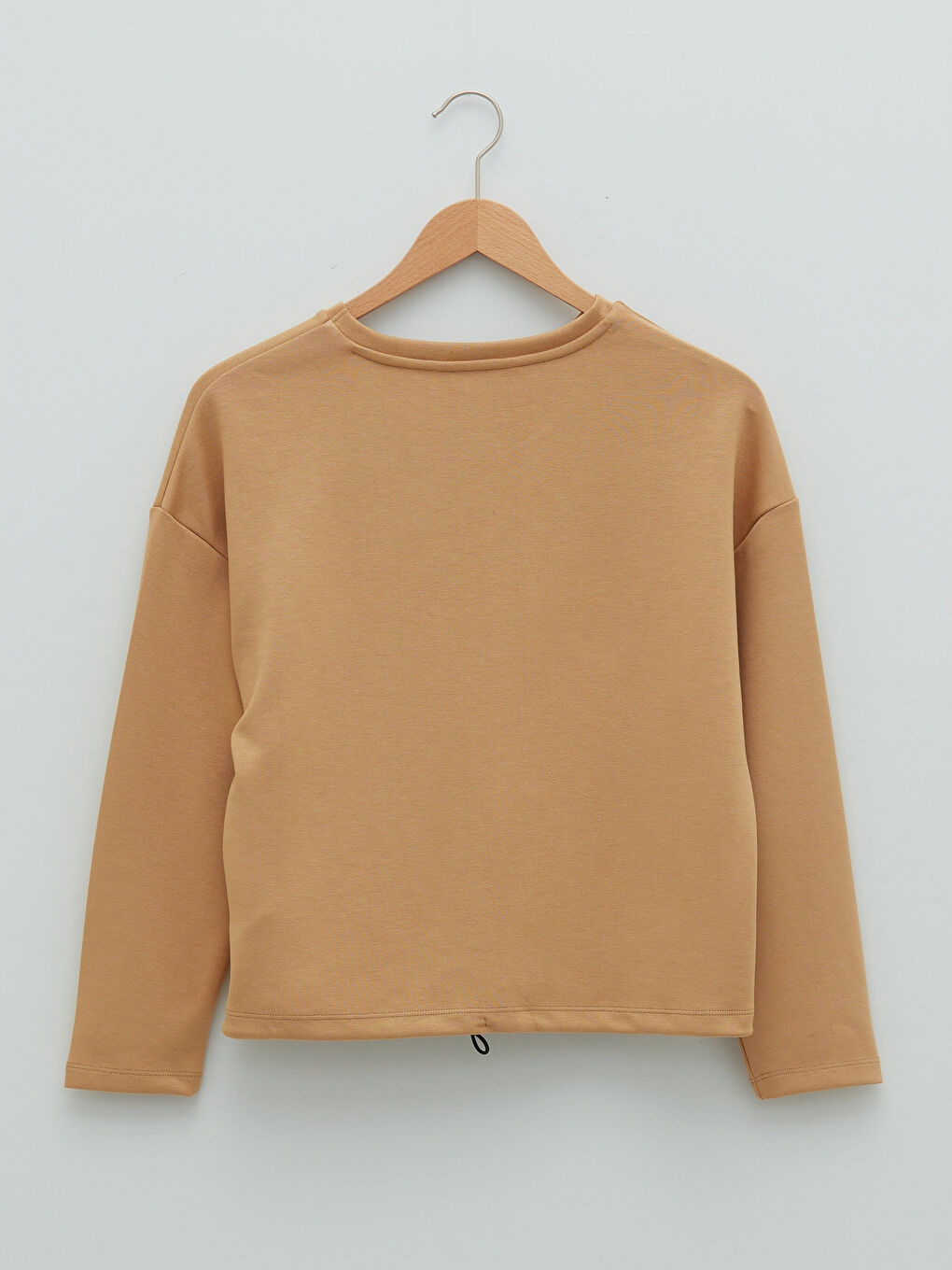 Bej Bisiklet Yaka Düz Uzun Kollu Kadın Tişört-6