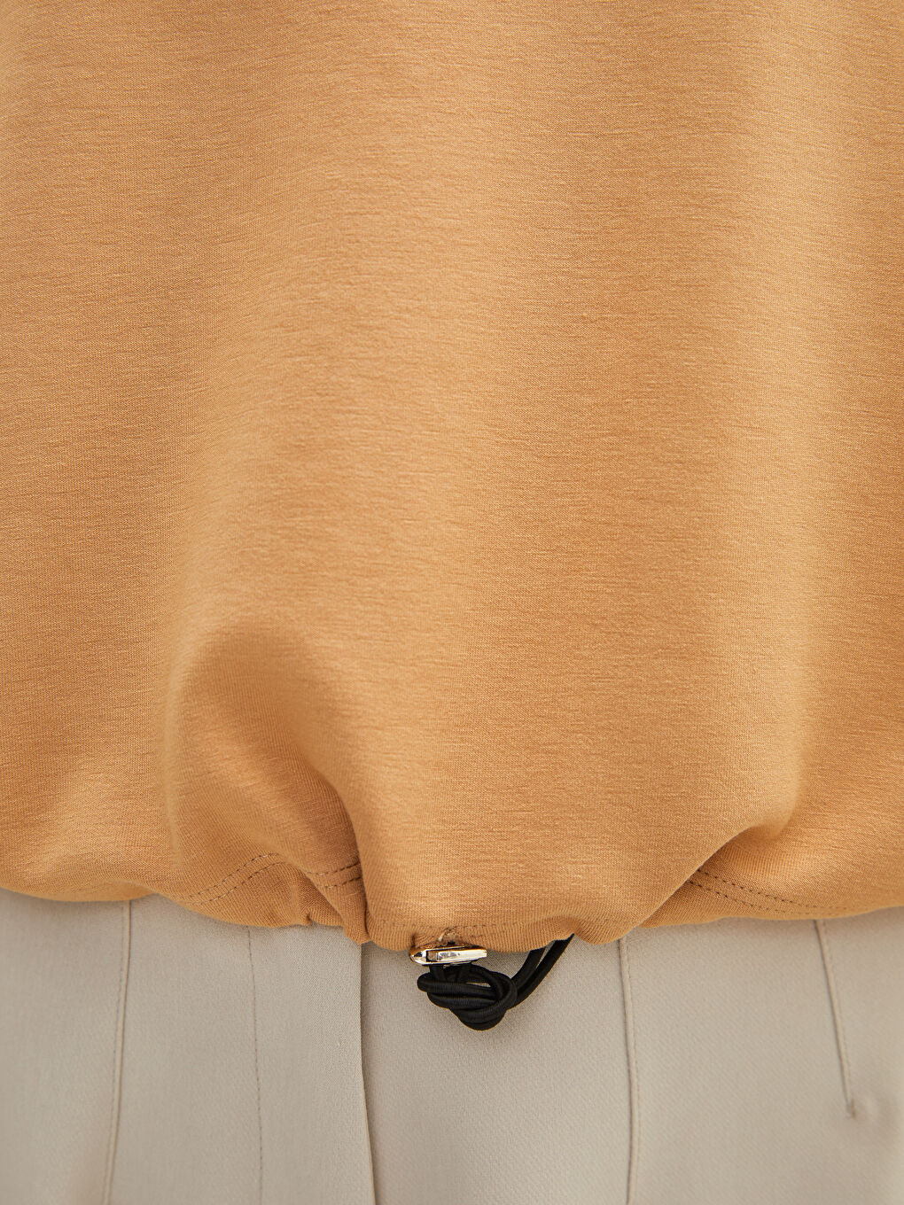 Bej Bisiklet Yaka Düz Uzun Kollu Kadın Tişört-3